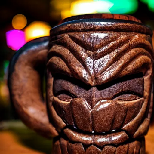 Image similar to a closeup photorealistic photograph of ben grimm's face on a tiki mug at trader vic's beach bar. fantastic four. tiki culture. bright scene. fine detail. this 4 k hd image is trending on artstation, featured on behance, well - rendered, extra crisp, features intricate detail, epic composition and the style of unreal engine.