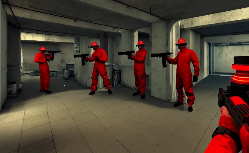 Prompt: in-game screenshot of a group of red hazmat scientists holding guns on unreal engine 5, in a liminal underground garden, photorealistic, retrofuturism, brutalism, staggered terraces, minimalist, soft vintage glow