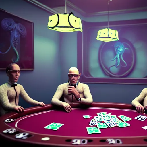 Prompt: hyperrealism simulation highly detailed human octopuses'wearing transparent jackets, playing poker in surreal scene from art house movie from future by wes anderson rendered blender and octane render