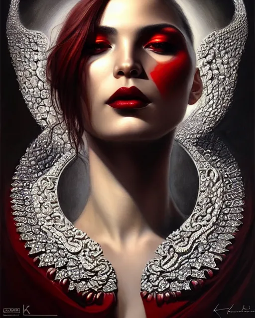 Image similar to portrait of a beautiful goddess, enigmatic beauty, dominant shades of black gold, silver, dark red, white, head in focus, fantasy art, ornamental aesthetics, intricate, elegant, highly detailed, hyperrealistic painting, artstation, concept art, painterly, sharp focus, illustration, art by karol bak