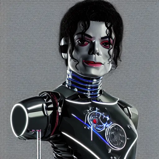 Image similar to photo of michael jackson wearing robot suit with wires and light, highly detailed, photorealistic, artstation, smooth