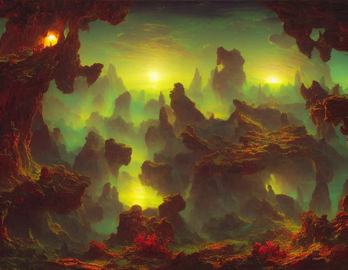 Image similar to night on a trippy alien planet full of bioluminescent flora, concept art by albert biertadt, thomas cole, frederic edwin church, hudson river school, majestic, awe - inspiring, breathtaking