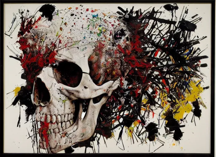 Image similar to a splattered painting by jackson pollock showing a skull, ultradetailed fine art printing,