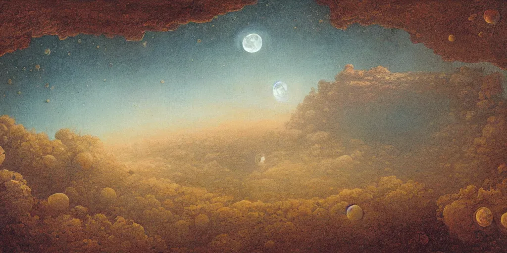 Prompt: a moon landscape with many craters, in a big crater at the center there is a beautiful garden, 8 k, lowbrow in the style of martin johnson heade and daniel merriam!