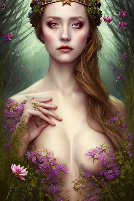 Prompt: artistic painting, medieval princess, ophelia, wearing ornate gown, beautiful eyes and lips, drowned, floating flat on her back in a forest pond, flowers, wide angle, art by artgerm and wlop and brom, highly detailed, 8 k, cinematic, digital painting, sharp focus, illustration, masterpiece