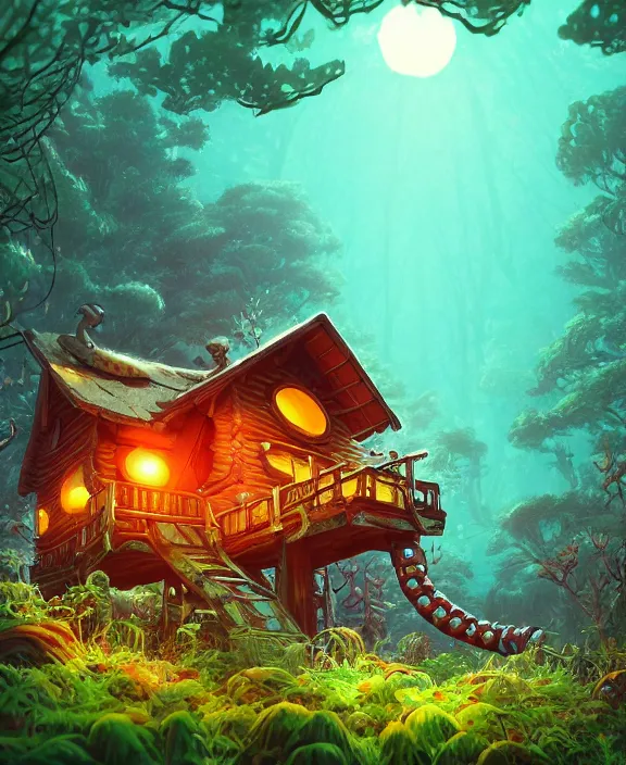 Image similar to a whimsical cabin made from robots, overgrown with huge exotic fungus, deep in the woods, cheerful, sunrise, by dan mumford, yusuke murata, makoto shinkai, ross tran, underwater, hellish, cinematic, unreal engine, cel shaded, featured on artstation, pixiv