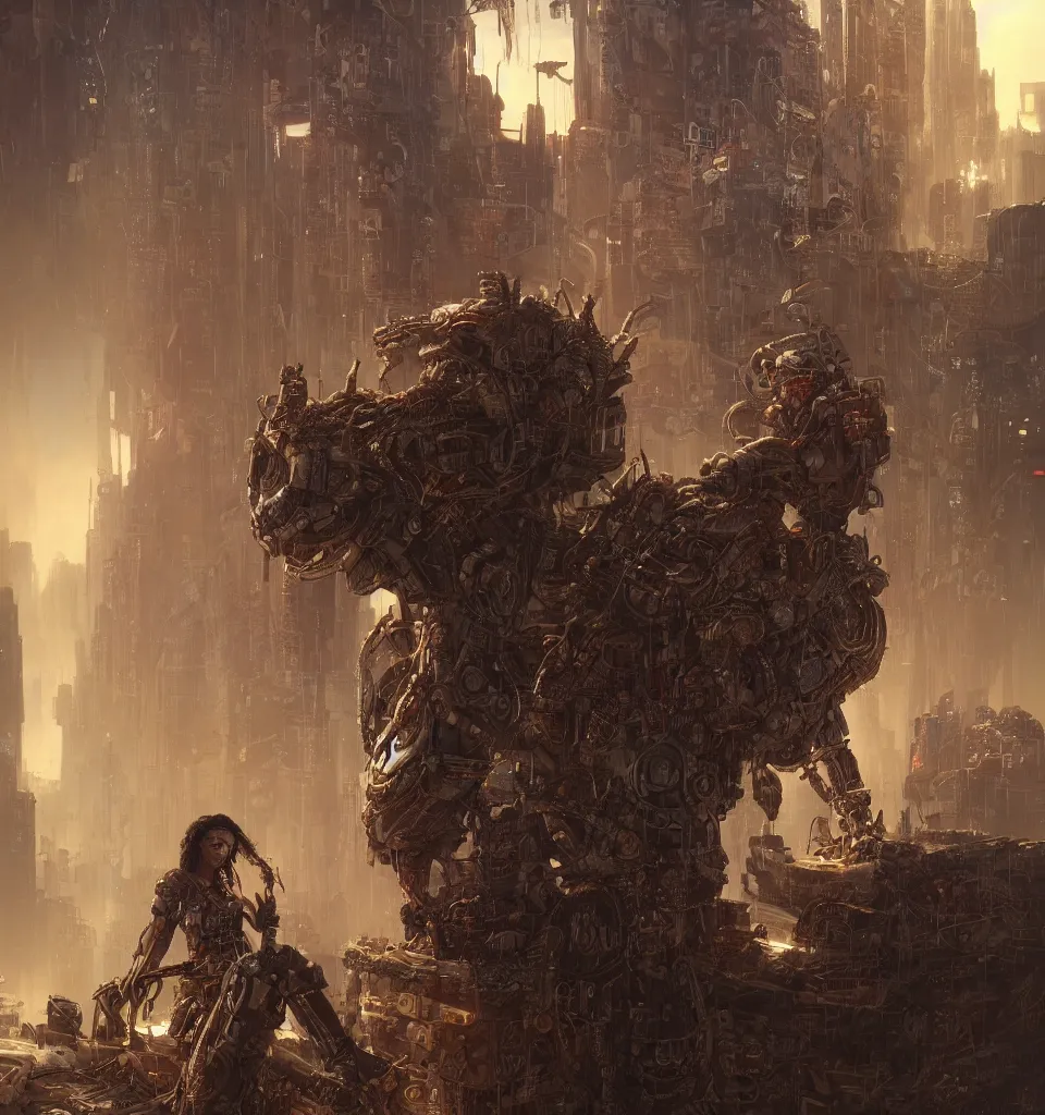 Image similar to cyberpunk gladiator, cinematic, highly detailed, octane render, cg, rich cinematic atmosphere, perfect digital art, mystical journey in strange world, Mystical, cyberpunk, tech war, sci-fi, surreal, glowing lights, sharp focus, high detailed, by Akihiko Yoshida, michael whelan and Karol Bak