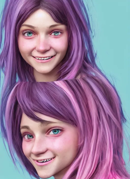 Prompt: highly detailed concept art for the main character in the award winning film named life is better in pink. the character is a unnaturally beautiful teenage girl with deep dark blue eyes, cute smile, strong dark eyebrows and long curled pink dyed hair, wearing light pink clothes. realistic cg render, anatomically correct, high key lighting, trending on art station, vibrant colors.