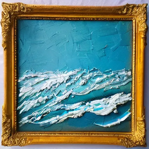 Prompt: oil paint impasto relief, beautiful powerful waves, colours teal white cream grey blue, multi layered thick brush marks, some splattered paint, in the style of ivan shishkin and frank auerbach and rene lalique