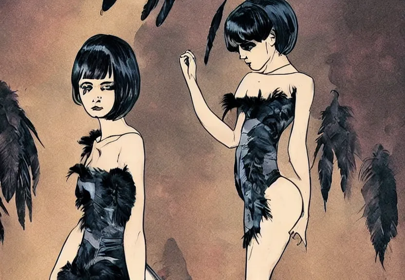 Image similar to beautiful little girl with a short black haircut wearing a dress made of black feathers, artwork in western comic art style, anatomically perfect