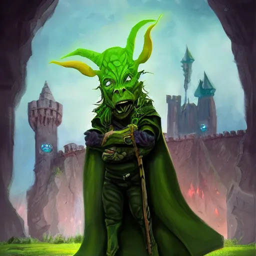 Image similar to goblin wizard, oil painting, dramatic, robed warrior, green orc with horns, castle in background, stone brick background, ultra realistic, artstation award, fantasy, concept art, powerful pose