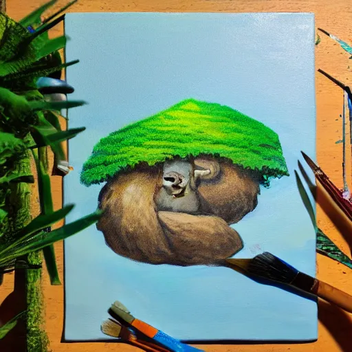 Image similar to painting of a small jungle island with a large rock formation in the shape of a gorilla head with a treehouse on the top, trending on artstation