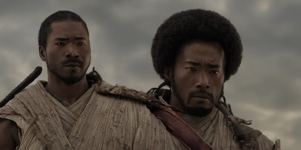 Image similar to a film still of a black man starring in a japanese blockbuster film as ancient samurai, intense, shallow depth of field, cinematic, award winning cgi, vfx, film still