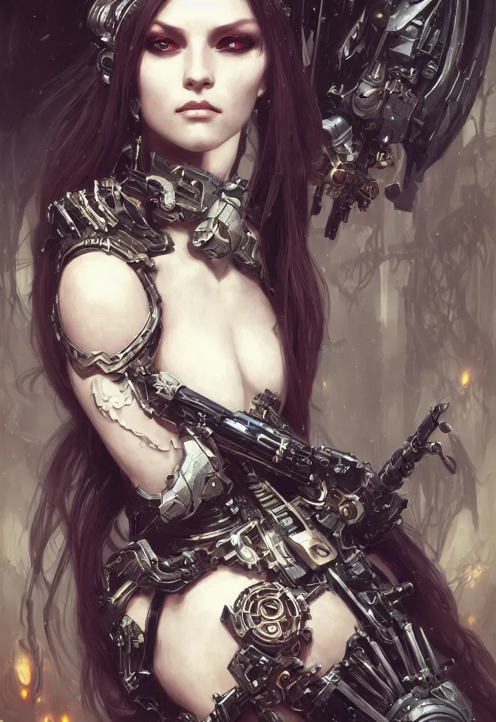 Image similar to portrait of beautiful pale gothic cyborg maiden, warhammer 40000, cyberpunk, intricate, elegant, highly detailed, digital painting, artstation, concept art, smooth, sharp focus, illustration, art by artgerm and greg rutkowski and alphonse mucha and Gustav Klimt