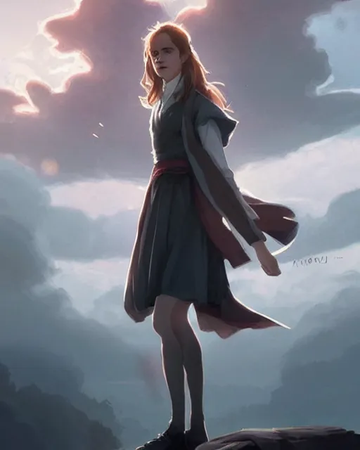 Image similar to Emma Watson as Hermione Granger, magnificent, medium shot, close up, details, sharp focus, elegant, highly detailed, illustration, by Jordan Grimmer and greg rutkowski and PiNe(パイネ) and 薯子Imoko and 香川悠作 and wlop!!!! and maya takamura, intricate, beautiful, Trending artstation, pixiv, digital Art