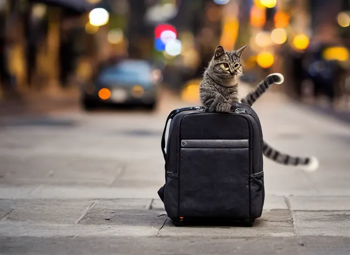 Image similar to photography of a Cat being carried in an half open backpack . in a new york street. award winning photo, led lighting, night, 130mm, sharp, high res