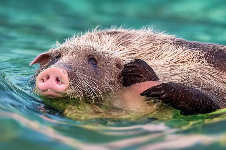 Image similar to a pig sea otter!!! hybrid! hyper realistic!! realistic lighting!! wildlife photographer of the year!!! bold natural colors, national geographic, hd, wide angle, 8 k