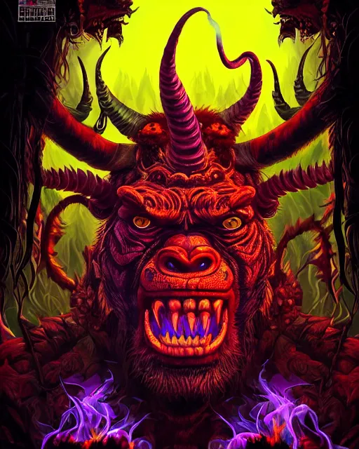 Image similar to barong family member, horns, very muscular, eyes in red fire, red smoke with purple lightning background, wiwek, mara demon, one single tribe member, jungle, one single mask, dark, ancient warrior, gorilla, lizard, inner glow, art by dan mumford and justin gerard