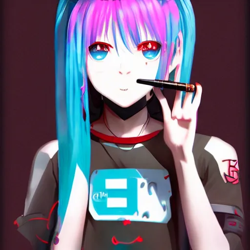 Image similar to hatsune miku high on weed with bloodshot eyes smoking with a vape pen, artstation, 4 k