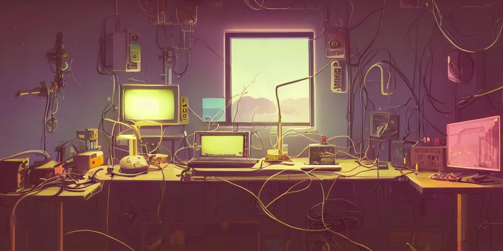 Image similar to cozy 9 0 s bedroom retrofuturism, cluttered, wires everywhere, computer, window, at night, lit only by the luminescent computer screen, dramatic lighting, alien technology, detailed by simon stalenhag