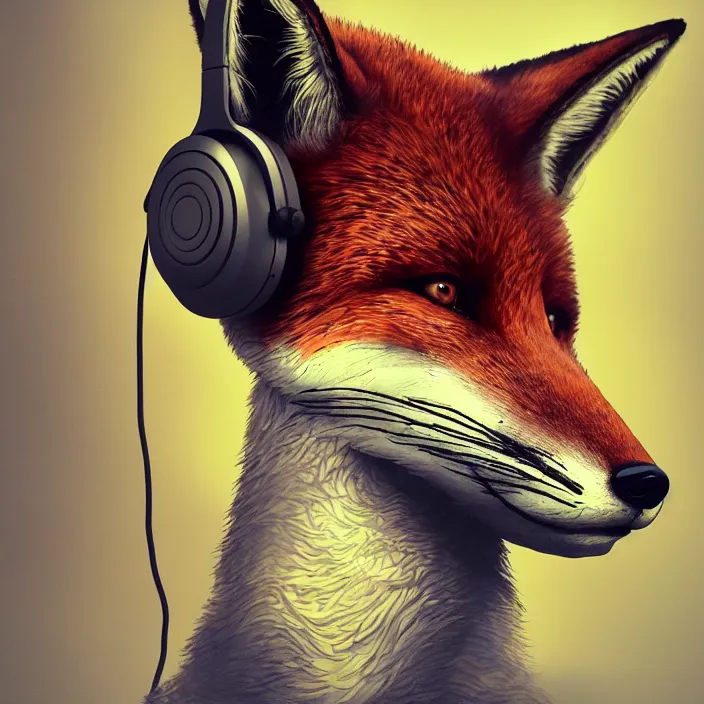 Image similar to fox with headphones, HD, 4K, intricate abstract. intricate artwork. by Tooth Wu, wlop, beeple, dan mumford, octane render, trending on artstation, greg rutkowski very coherent symmetrical artwork. cinematic, hyper realism, high detail, octane render, 8k, iridescent accents