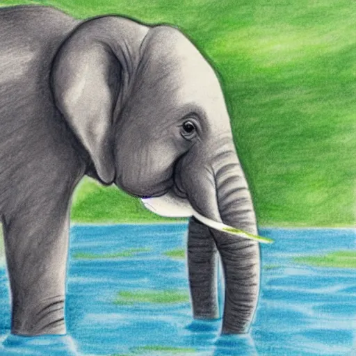 Prompt: a drawing of a baby elephant drinking from a pond, a storybook illustration by jessie newbery, featured on dribble, plein air, storybook illustration, flat shading, whimsical