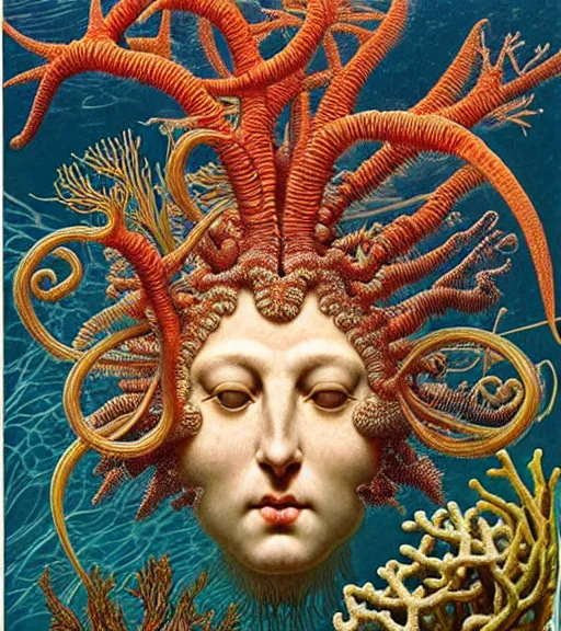 Image similar to hyperrealistic detailed underwater face portrait of the beautiful god of the fish with an intricate headgear of corals, sea kelp, sea plants, fish, starfish, jellyfish, art by ernst haeckel, james jean, john william godward, gothic, neo - gothic, ornamental, beautiful deep colours,