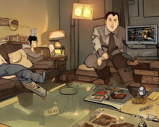 Image similar to a beautiful illustration of my friend mark kidd, playing fallout new vegas on the xbox 3 6 0 in his living room. the tv is the only light source, in the style of studio ghibli, artwork by studio ghibli, cinematic composition, anime