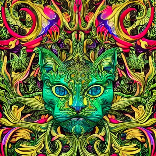 Image similar to beautiful colourful highly detailed incredibly ornate decorative cat face green man 3 d sculplture by walter crane and william morris and kilian eng, closeup, twisting leaves, tiny fine flowing lines, abstract psychedelic, 8 k, artstation