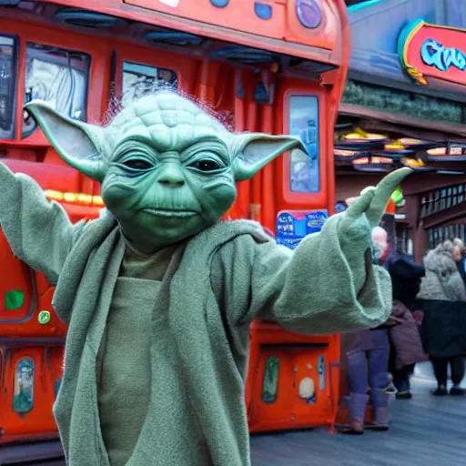 Prompt: Yoda at Blackpool pleasure beach