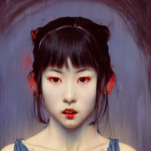 Image similar to beautiful young japanese girl with glowing red eyes, chapped lips, facial veins, black undereyes, finds herself lost in a dark indigo room, muted cold colors, painting part by wojciech siudmak, part by ilya repin, part by norman rockwell, artstation