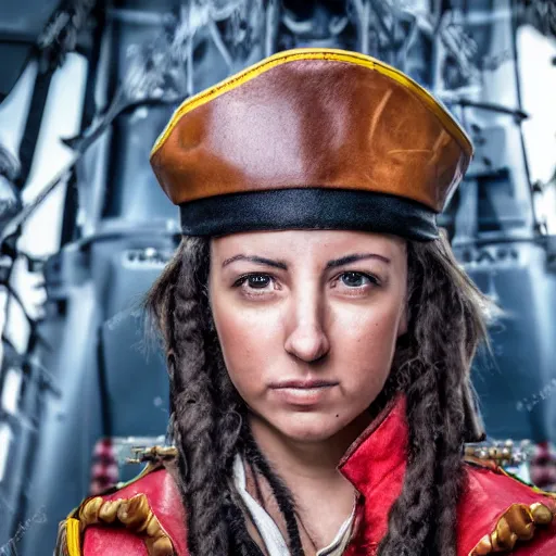 Image similar to interview with a female captain of the spanish pirates frigate, photo portrait, symmetry, awesome exposition, very detailed, highly accurate, professional lighting diffracted lightrays, 8 k, sense of awe