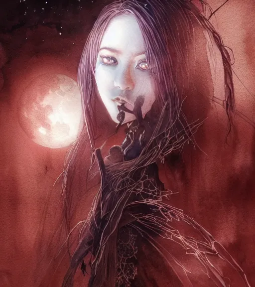 Image similar to portrait, female dark Witch in front of the full big moon, watercolor, dramatic lighting, cinematic, establishing shot, extremely high detail, foto realistic, cinematic lighting, pen and ink, intricate line drawings, by Yoshitaka Amano, Ruan Jia, Kentaro Miura, Artgerm, post processed, concept art, artstation, matte painting, style by eddie mendoza, raphael lacoste, alex ross