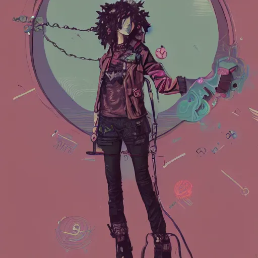 Image similar to a long long long shot in wielding pose of a grungy cyberpunk anime, very cute, by super ss, cyberpunk fashion, curly pink hair, night sky by wlop, james jean, victo ngai, muted colors, highly detailed