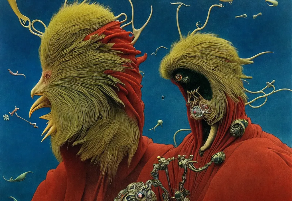 Prompt: realistic detailed portrait movie shot of a birdman wearing black robes, sci fi landscape background by denis villeneuve, amano, yves tanguy, alphonse mucha, ernst haeckel, max ernst, roger dean, masterpiece, rich moody colours, snarling dog teeth, blue eyes