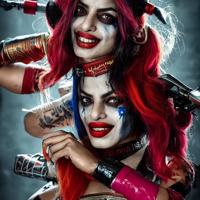 Image similar to portrait of Priyanka Chopra as a harley quinn in Suicide Squad. intricate artwork. by Tooth Wu, wlop, beeple, dan mumford. octane render, trending on artstation, greg rutkowski very coherent symmetrical artwork. cinematic, hyper realism, high detail, octane render, 8k