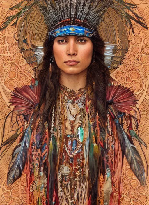 Image similar to beautiful native american woman wearing an elaborate headdress, intricate, elegant, highly detailed, centered, digital painting, artstation, concept art, smooth, sharp focus, illustration, art by android jones and donato giancola and alphonse mucha
