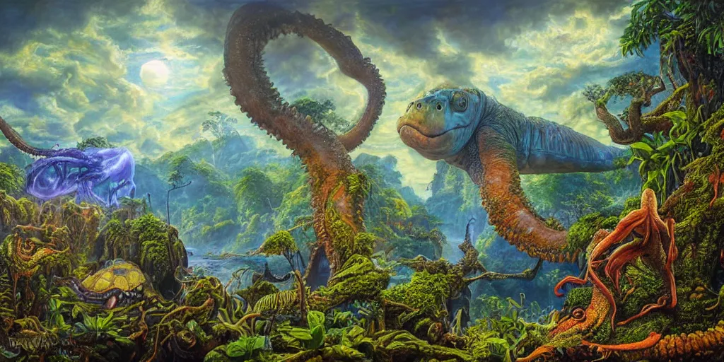 Image similar to fantasy oil painting, great leviathan, turtle cephalopod terrapin reptilian pachyderm amphibian hybrid, rainforest mountains, lush plants flowers, epic natural light, bright clouds, luminous sky, outer worlds, bright cinematic lighting, michael cheval, michael whelan, vray, 8 k hd