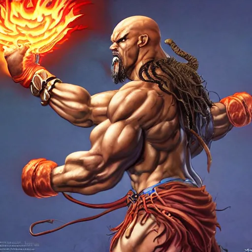 Image similar to jason momoa as dhalsim street fighter, breathing fire, ultra realistic, concept art, intricate details, highly detailed, photorealistic, octane render, 8 k, unreal engine, art by frank frazetta, simon bisley, brom