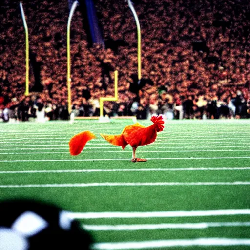 Image similar to the famous funky chicken runs across a football field, interrupting the big game, 3 5 mm