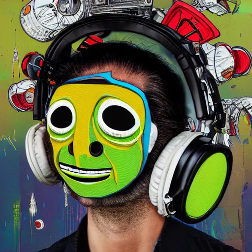 Image similar to a portrait of an anthropomorphic tennis ball monster by sandra chevrier, detailed render, tape deck, boombox, headphones, epic composition, cybernetics, 4 k realistic, cryengine, realistic shaded lighting, sharp focus, masterpiece, by matteo scalera, gary montalbano, peter elson in the style of the tokyo ghost comic