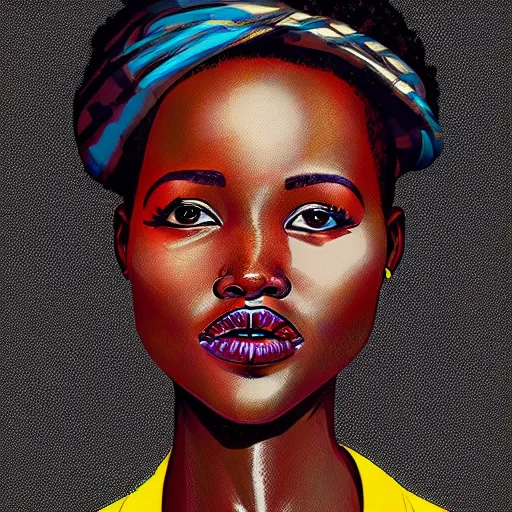 Image similar to a hyper - stylized portrait of lupita nyongo drawn by aleksander rostov, detailed, coherent, inspired by disco elysium