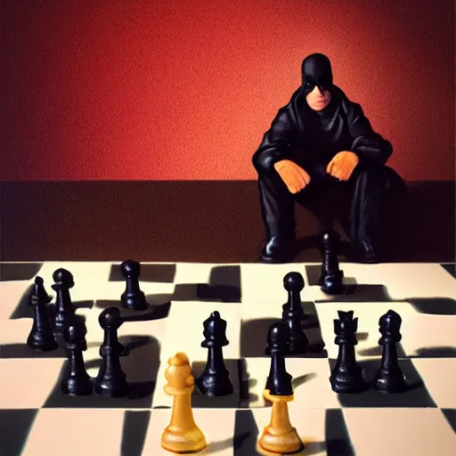 Image similar to daredevil pondering next to a chess set, photograph, octane, painting by greg ruthowski, artstation