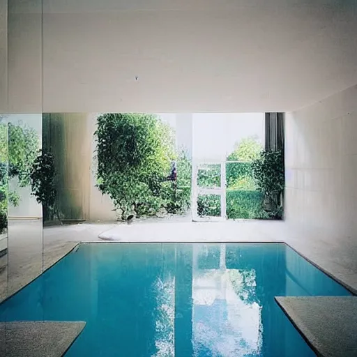 Image similar to “Dream Pool in rooms of white ceramic tile, sunlight coming in from windows with a blue sky”