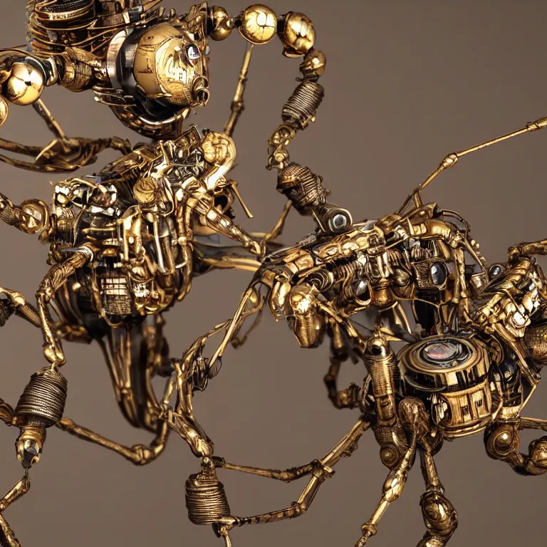 Image similar to a close up of an beautiful steampunk robotic spider inspired, unreal engine realistic render, high detailed face, photorealism, golden ratio, hyper - realistic 3 d, insanely super detailed, realistic octane render, 1 6 k, fashion photography, micro detail, backlit lighting, face in focus, subsurface scattering, thin porcelain