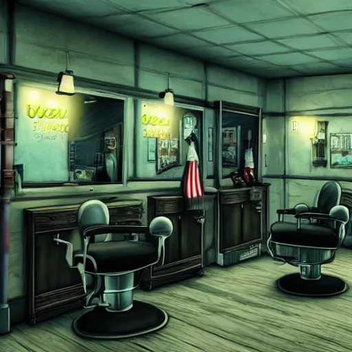 Image similar to A barbershop in the video game Disco Elysium