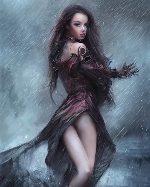 Image similar to a beautiful female, 8 k, hyperrealistic, hyperdetailed, modern clothes full length body, dark fantasy, dark street walking, rain, fantasy portrait by laura sava