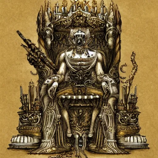 Image similar to pencil illustration. the emperor on his golden throne. 4 0 k. body horror.