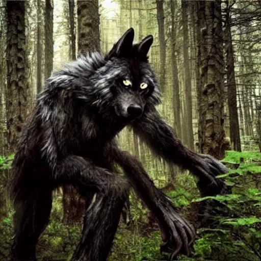 Prompt: ! werecreature consisting of a! human and wolf, photograph captured in a forest