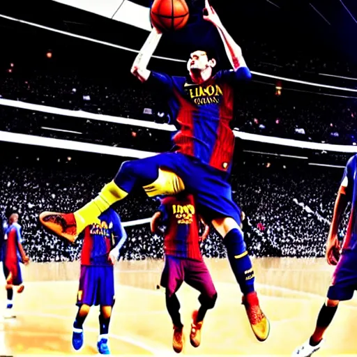 Image similar to Messi dunking on Ronaldo in the NBA